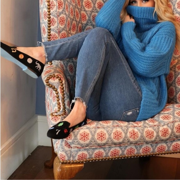 Nicky Hilton x French Sole Lucky Embroidered Black Suede Flats Size 6 - Picture 9 of 15